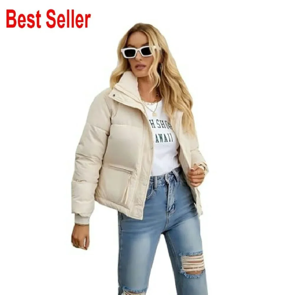 Cropped Puffer Jacket Stand Collar Winter Warm Quilted Lightweight Cozy